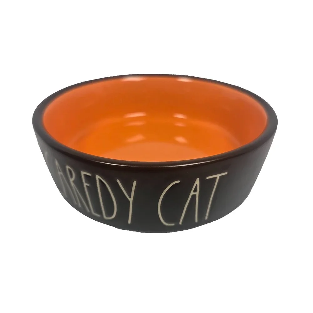 Rae Dunn SCAREDY CAT Black Orange Halloween Cat Pet Bowl Dish 5